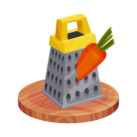 Grater with Carrot on Wooden Cutting Board Vector Illustrationのイラスト素材