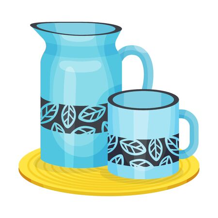 Earthenware Pitcher and Mug Standing on Board Vector Illustrationのイラスト素材