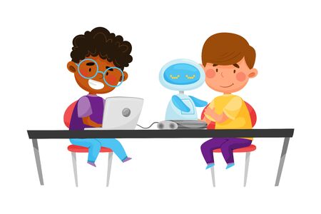 Little Kids Sitting at Table and Configurating Robot Vector Illustrationのイラスト素材