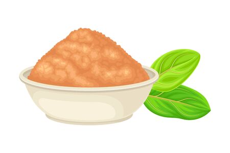 Powdered Sandalwood Poured in Bowl with Green Leaf Rested Nearby Isolated on White Background Vector Illustrationのイラスト素材