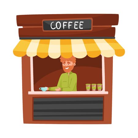 Coffee Street Kiosk or Stall with Bearded Vendor Man Selling Hot Drink Vector Illustrationのイラスト素材