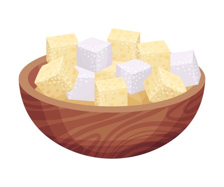 White Sugar Cubes Rested in Wooden Bowl as Sweetener for Tea and Coffee Vector Illustrationのイラスト素材