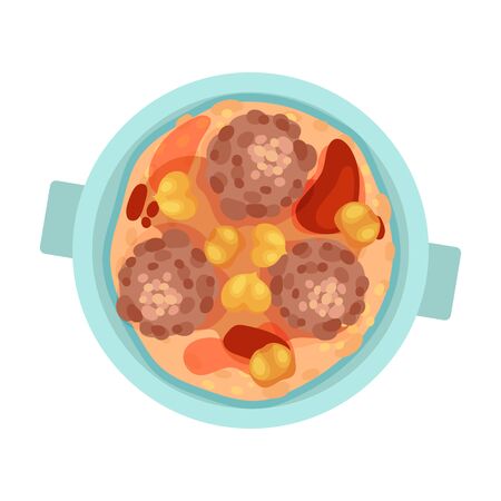 Meat Balls Rested in Vegetable Gravy Top View Vector Illustrationのイラスト素材