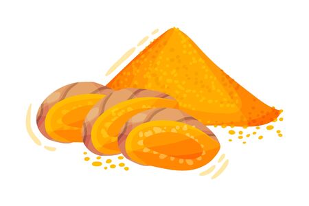 Sliced Turmeric Rhizome with Pile of Milled Root Vector Illustration. Yellow Curcuma Condiment with Bitter Flavor and Earthy Mustard-like Aroma Used as Coloring and Flavoring Agent in Asian Cuisineのイラスト素材