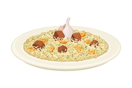 Uzbek Traditional Dish of Rice, Vegetables, Meat and Spices Called Pilaf Side View Vector Illustrationのイラスト素材