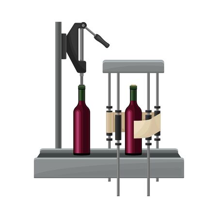 Wine Bottles Sealing or Capping with Cork and Label Sticking Process with Glass Containers Moving on Conveyor Belt Illustration. Wine Production Step with Packaging for Further Distribution Conceptのイラスト素材