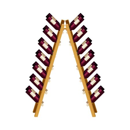 Grape Wine Glass Bottles Standing in Wooden Wine Rack in Cellar Illustration. Red Wine Shelf for Demonstration Conceptのイラスト素材