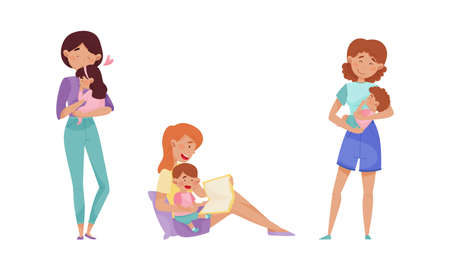 Mother Cradling Child in Arms and Reading Book Vector Illustrations Setのイラスト素材
