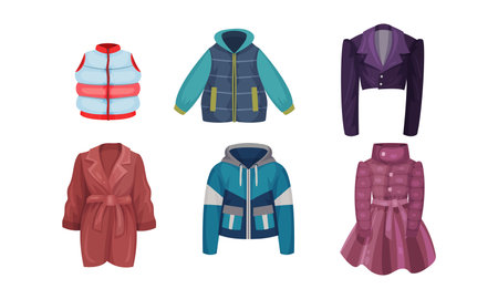 Autumnal and Winter Outerwear with Long Sleeved Clothing Items Vector Setのイラスト素材