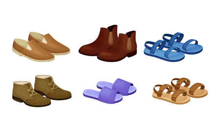 Men Shoes and Sandals Made of Leather and Textile Vector Set. Different Footwear as Trendy Element of Contemporary Lookのイラスト素材