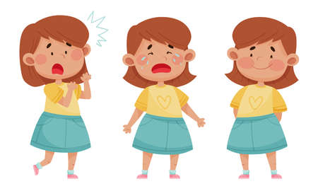 Emoji Girl with Different Face Expressions Like Scared and Happy Face Vector Setのイラスト素材