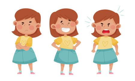 Emoji Girl with Different Face Expressions Like Angry and Cheerful Face Vector Setのイラスト素材