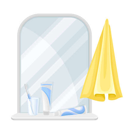 Mirror and Shelf with Toothbrush and Toothpaste as Bathroom Accessory Vector Illustrationのイラスト素材