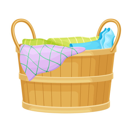 Laundry Basket or Hamper Full with Clothing Items Vector Illustrationのイラスト素材