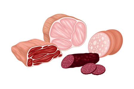 Meat Product with Beef Slab and Sausage Products Vector Illustrationのイラスト素材