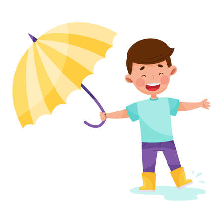 Little Boy Character in Yellow Boots Walking in Rainy Day with Umbrella Vector Illustrationのイラスト素材