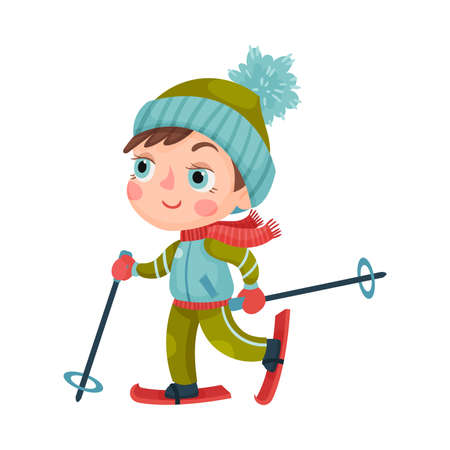 Excited Boy Character in Winter Sportswear Skiing Vector Illustrationのイラスト素材
