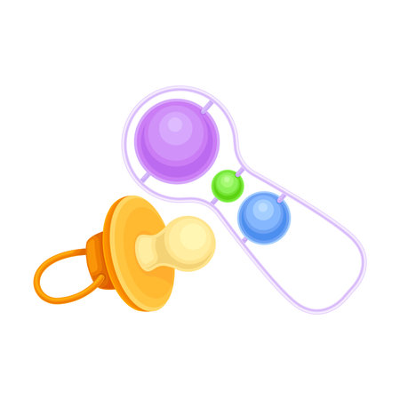 Noisy Baby Rattle and Baby Teat as Pacifying Object Vector Illustration. Nursery or Children Room...