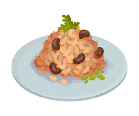 Stewed Black Bean with Rice as Cuban Dish Illustration. Appetizing Cuban Food Plating for Restaurant Menu Conceptのイラスト素材