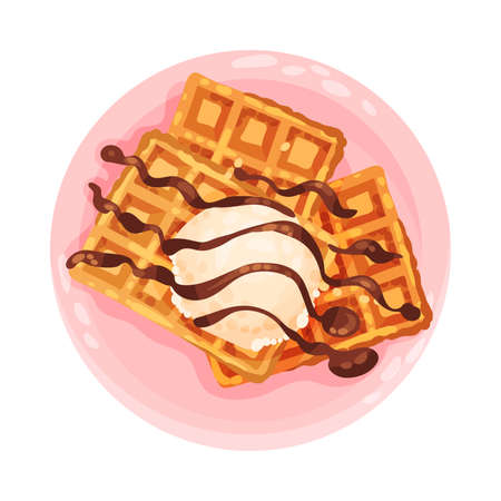Gaufre or Waffles with Chocolate and Ice Cream Ball as Dessert Served on Plate  Illustration. Sweet Course with Sugary Topping View from Aboveのイラスト素材