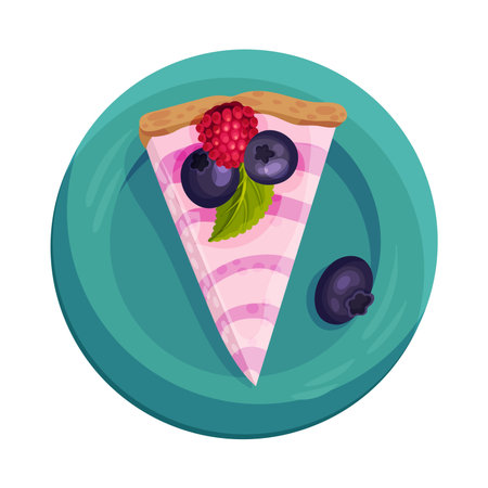 Cheesecake Piece with Blueberries and Mint Leaf as Dessert Served on Plate Illustration. Sweet Course with Berry Topping View from Aboveのイラスト素材