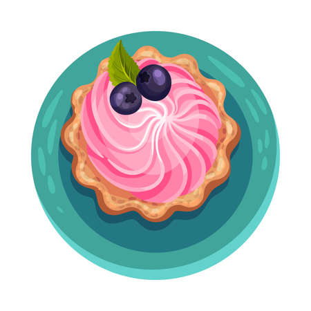 Cupcake or Muffin with Blueberry as Dessert Served on Plate  Illustration. Sweet Course with Berries and Sugary Topping View from Aboveのイラスト素材