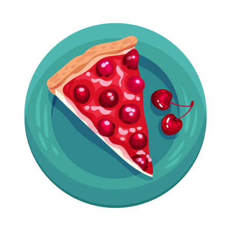 Pie or Tart Piece with Cherry as Dessert Served on Plate  Illustration. Sweet Course with Sugary Topping View from Aboveのイラスト素材