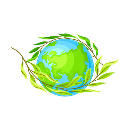 Earth Globe with Green Branch Winding Round as Nature Protection Vector Illustrationのイラスト素材