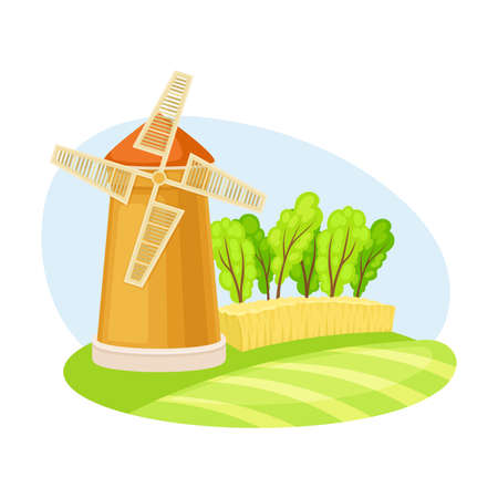 Windmill or Flour Mill with Blades on Green Field Vector Illustrationのイラスト素材