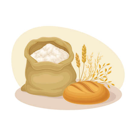 Sack with Flour and Loaf of Fresh Bread Vector Compositionのイラスト素材