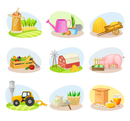 Farming Composition with Agricultural Crops and Farming Inventory Vector Setのイラスト素材