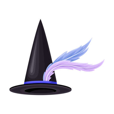 Witch Pointed Cone with Feathers Isolated on White Background Illustrationのイラスト素材