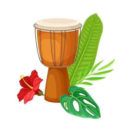 Wooden Drum with Green Palm Leaf and Hibiscus Flowerのイラスト素材