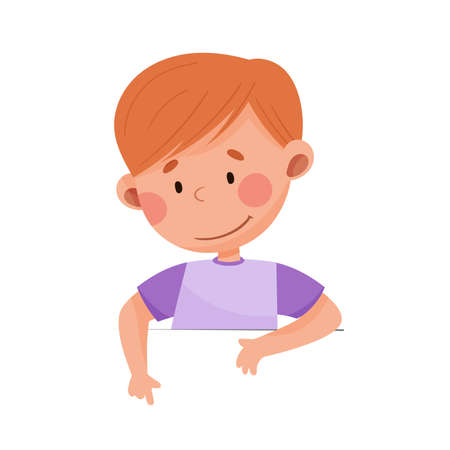 Cute Boy with Red Hair Sitting at Table or School Desk Vector Illustrationのイラスト素材