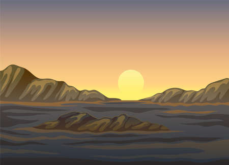 Horizontal Scenery with Sunset and Mountain Landscape Vector Illustrationのイラスト素材