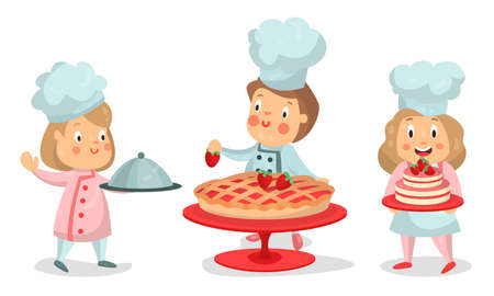 Little Boy and Girl Characters in Chef Uniform Baking and Cooking Vector Illustration Setのイラスト素材
