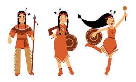 Red Indian or American Indians Men and Woman in National Clothing Standing with Spear and Dancing...