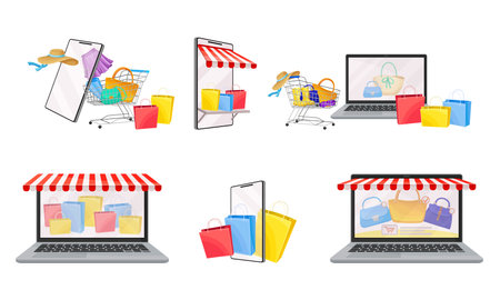 Online Shop App on Smartphone and Laptop Screen with Shopping Items in Basket Vector Setのイラスト素材