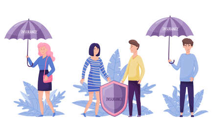 People Characters with Insurance Shield and Decorative Leaves Behind Vector Illustration Setのイラスト素材