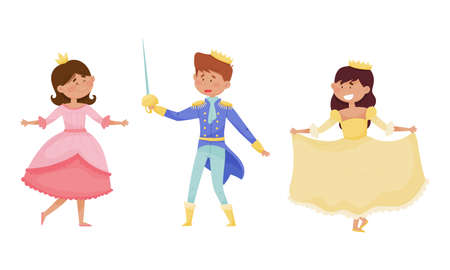 Funny Little Prince and Princess Wearing Crown and Dressy Look Garments Vector Illustrations Setのイラスト素材