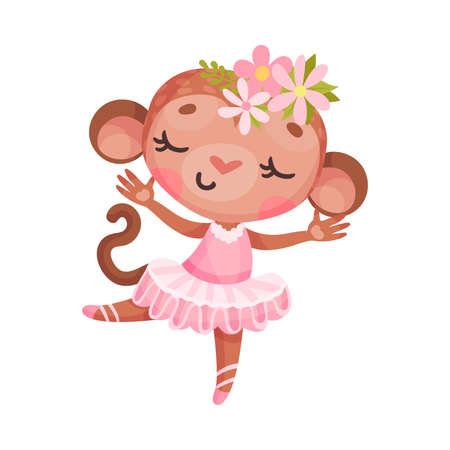 Cute Monkey in Ballerina Dress and Floral Head Decoration Dancing Vector Illustrationのイラスト素材