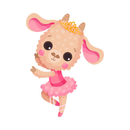 Cute Sheep in Ballerina Dress and Diadem on Head Dancing Vector Illustrationのイラスト素材