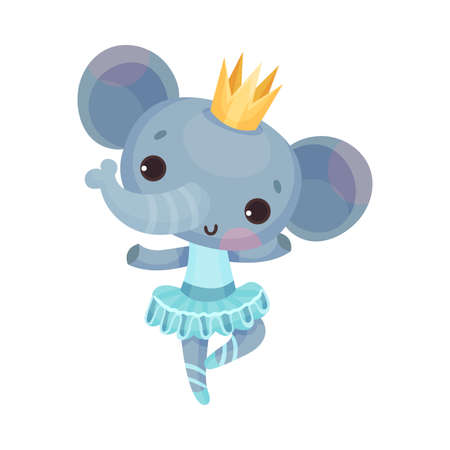 Funny Elephant in Ballerina Dress and Crown on Head Dancing Vector Illustrationのイラスト素材