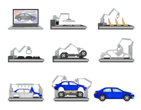 Car Production Assembly Line Process with Industrial Robots and Equipment Vector Setのイラスト素材