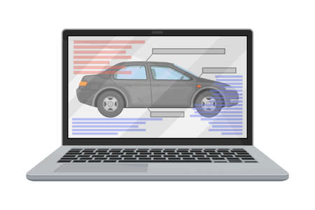 Laptop Screen with Car Design Draft as Auto Production Process Vector Illustrationのイラスト素材