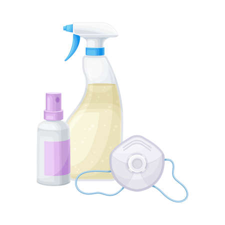 Detergent and Disinfectant in Dispenser Bottle with Face Mask Vector Illustrationのイラスト素材