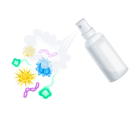 Spraying Detergent Aerosol Bottle Killing Microbes Vector Illustration