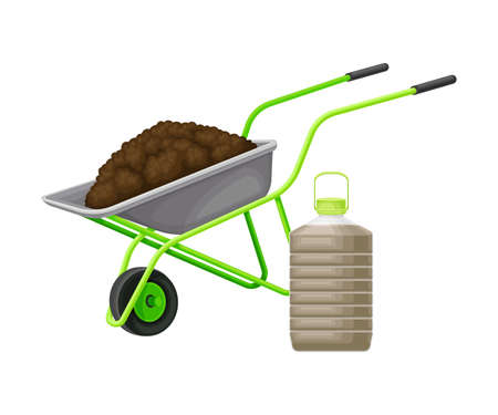 Wheelbarrow with Topsoil as Organic Fertilizer for Soil and Plant Growth Vector Illustrationのイラスト素材
