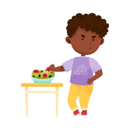 Unhappy African American Boy Character Showing Dislike Towards Vegetable Salad Vector Illustrationのイラスト素材