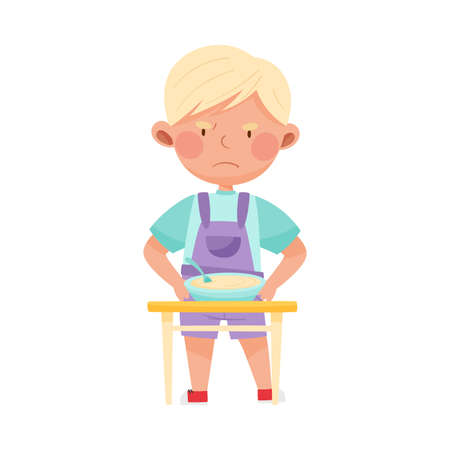 Little Boy Character Showing Dislike Towards Porridge Vector Illustrationのイラスト素材